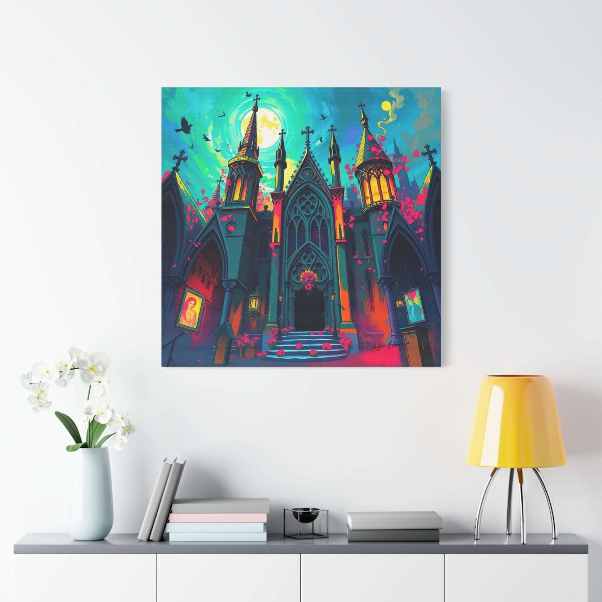 Vibrant Luminescent Apex: Chromatic Gothic Sanctuary Art brings color and elegance to any space with its stunning design.