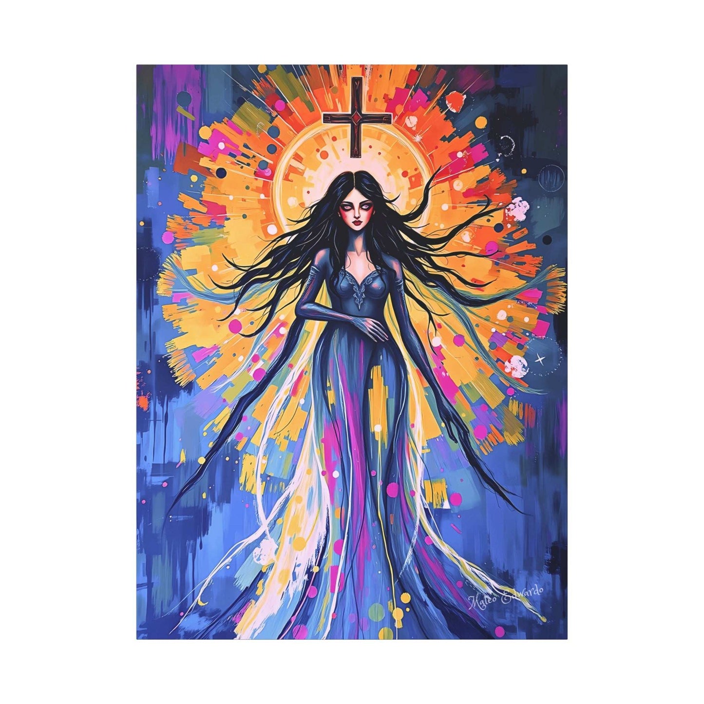 Transform your space with Celestial Descent: Symbolic Icon Gothic Canvas Art, featuring a dynamic central figure.