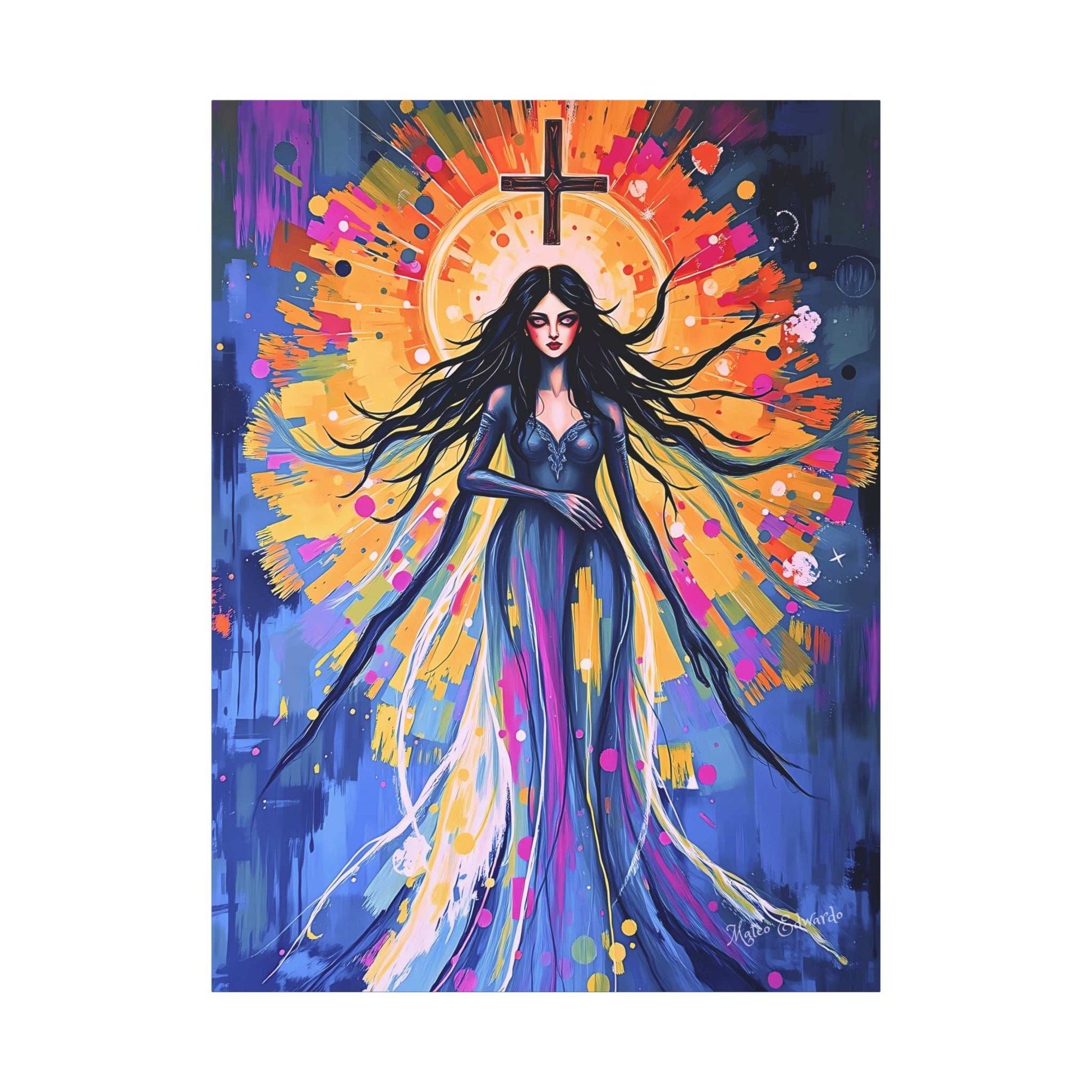 Transform your space with Celestial Descent: Symbolic Icon Gothic Canvas Art, featuring a dynamic central figure.