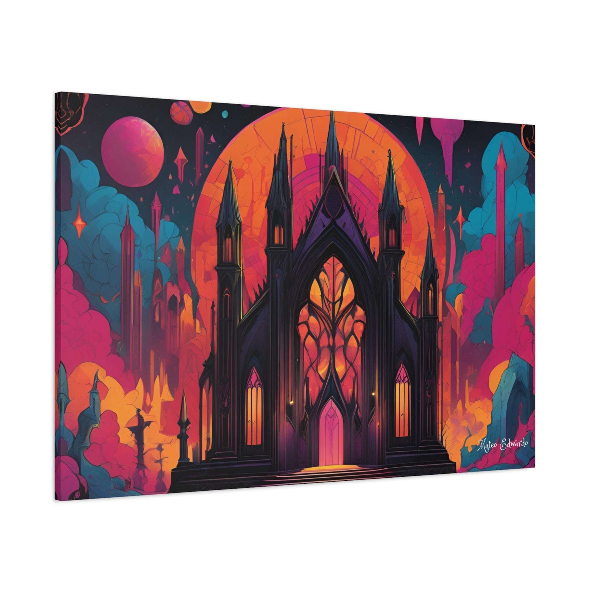 Vibrant Ethereal Cathedral Gothic Canvas Art showcasing a stunning cathedral amid a surreal landscape, perfect for your decor.