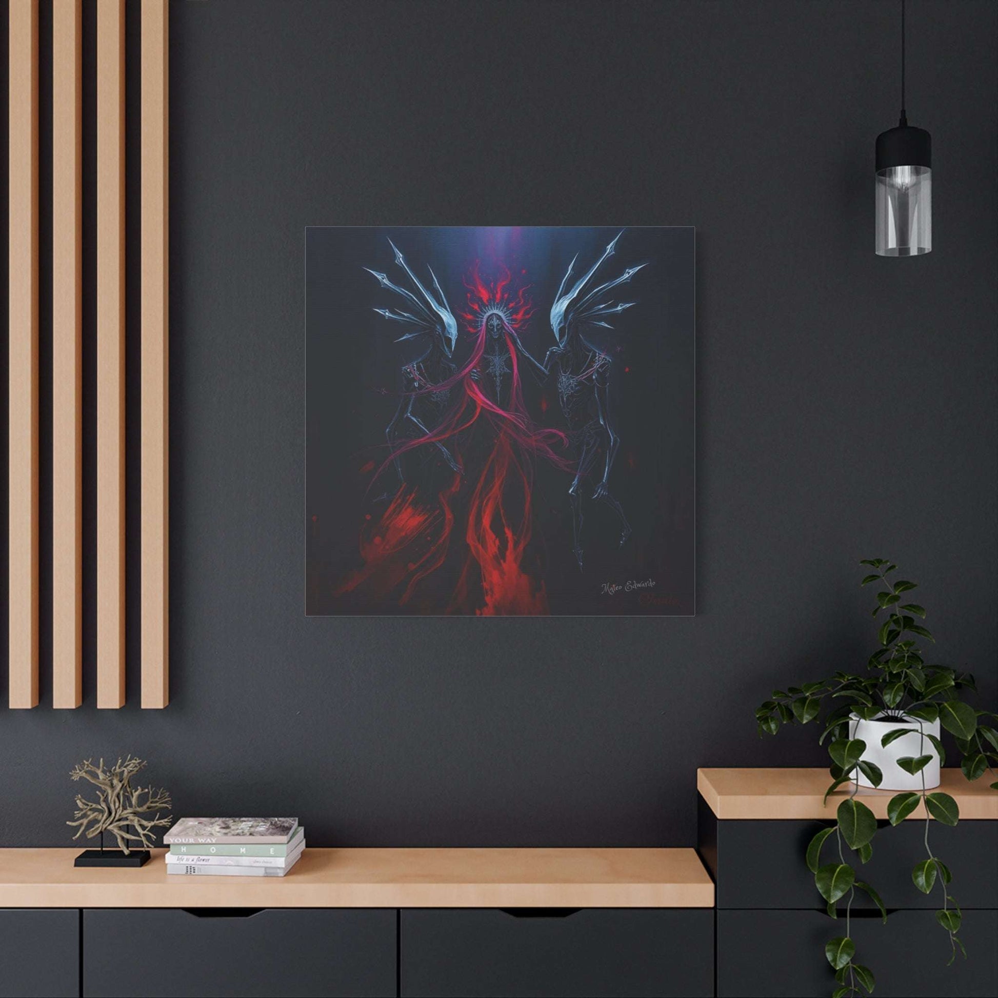 Three spectral figures converge in dramatic crimson hues in the Shadow Syndicate: Crimson Descent Gothic Art.