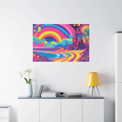 Vibrant beach scene featuring Cathedral Coast Psychedelic Gothic Canvas Art, perfect for transforming your space.
