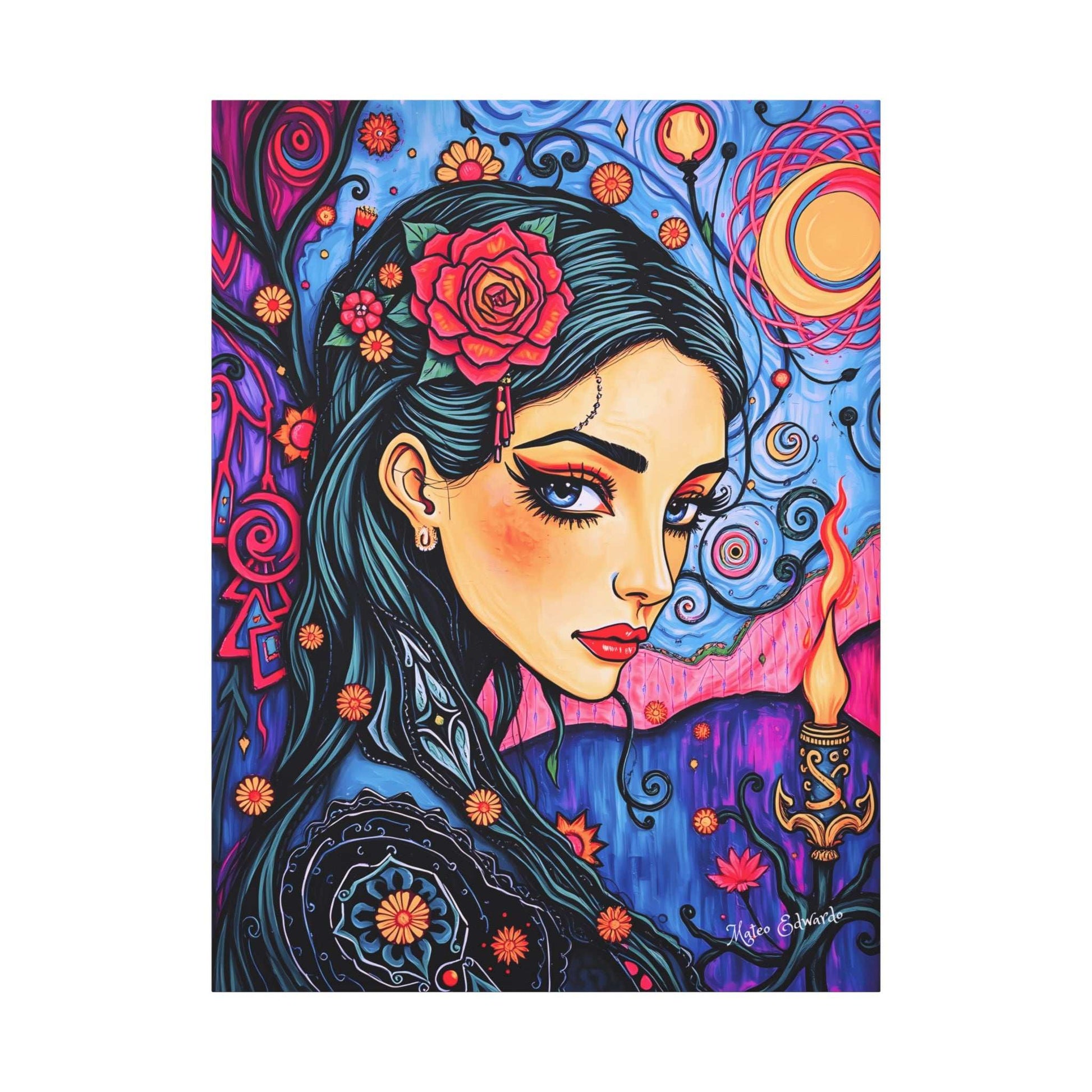 Captivating woman surrounded by surreal patterns in Dream Weaver: Floral Enchantress Canvas Art, available at our store.