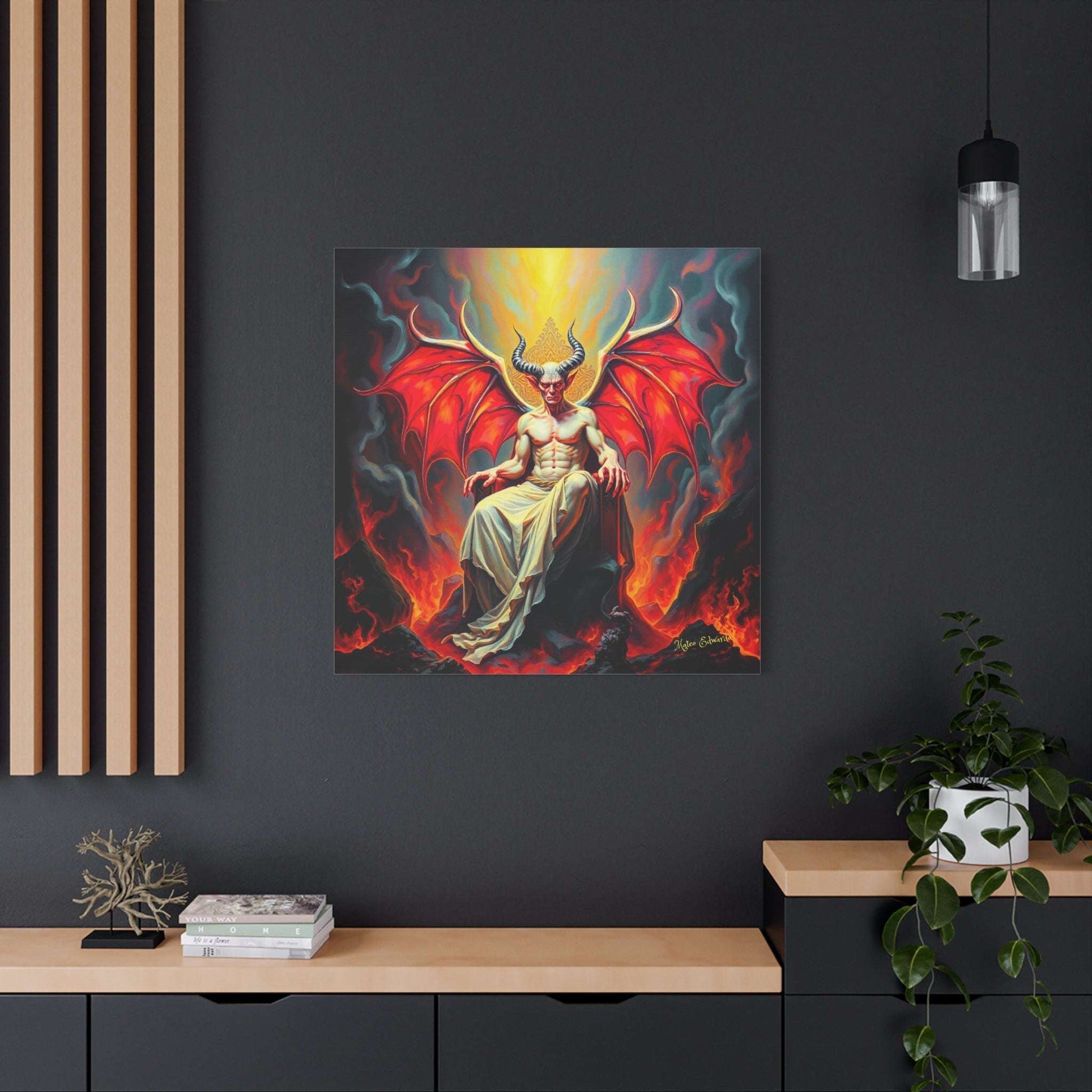 Scarlet Winged Tyrant: Blaze Crowned Ascension Gothic Art showcases a powerful demon on a throne with striking scarlet wings.