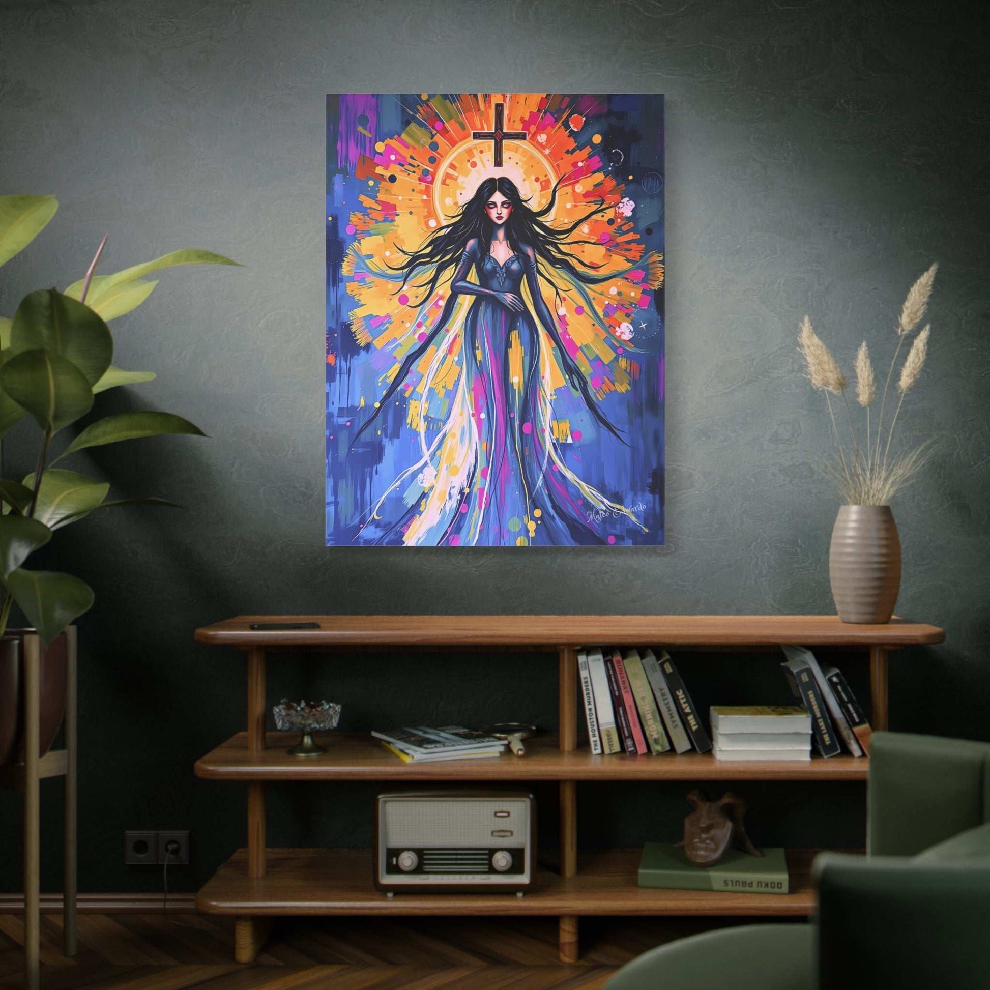 Transform your space with Celestial Descent: Symbolic Icon Gothic Canvas Art, showcasing a dynamic, captivating figure.