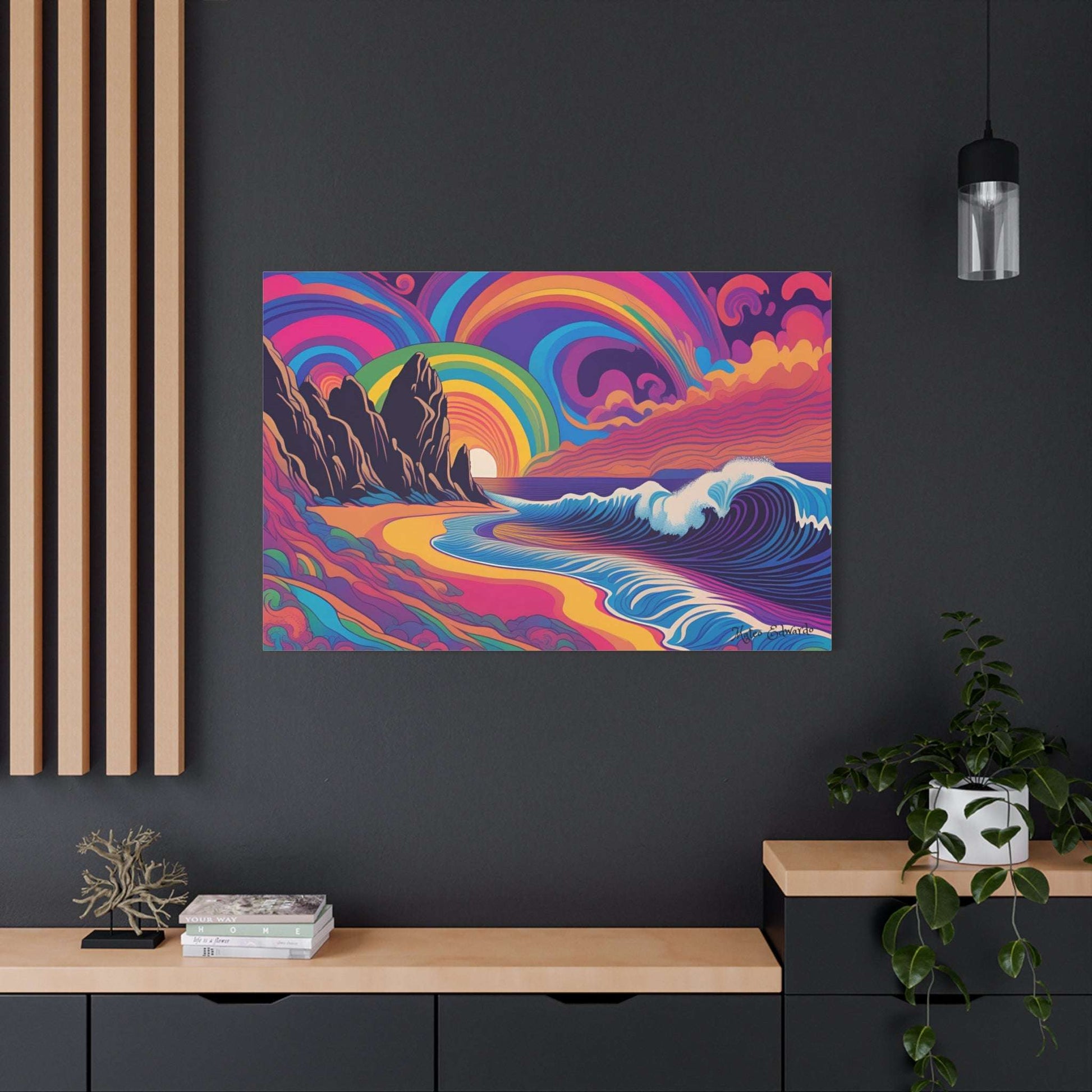 Vibrant Shoreline Spectrum Psychedelic Gothic Canvas Art showcasing a colorful beach landscape with dramatic waves.