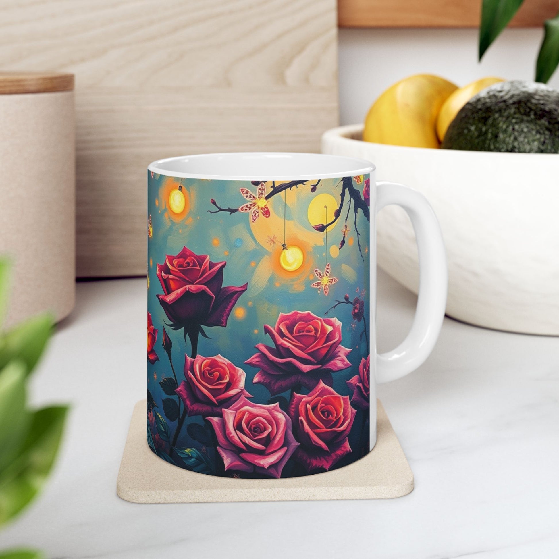Twilight Rose Lantern Ceramic Mug showcases vibrant roses against a twilight backdrop, perfect for cozy moments.