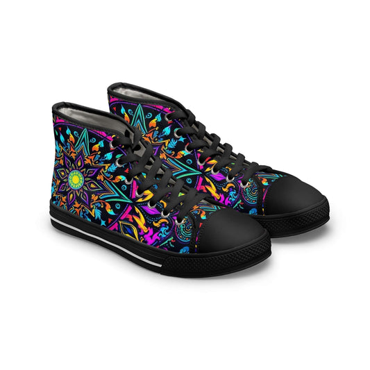 Joy of Life Mandala: Vibrant Gothic High Top Sneakers featuring bold colors and intricate designs for a unique style.