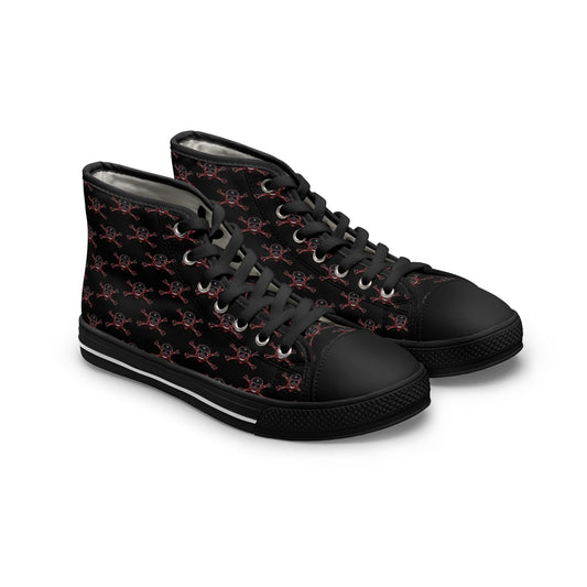 Bold Neon Red Skull Women's High-Top Canvas Sneakers feature a striking skull design for an edgy look. Perfect for any outfit!