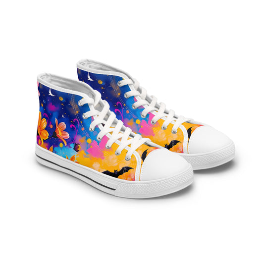 Midnight Floral & Bats Women's High Top Canvas Sneakers feature a vibrant floral design perfect for edgy fashion lovers.