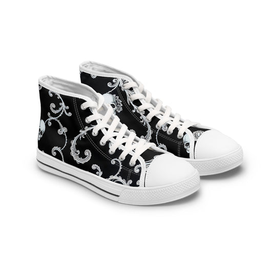 Stylish Baroque Skull Swirl Women's High-Top Sneakers featuring a gothic swirl pattern and skull motifs, perfect for bold fashion.