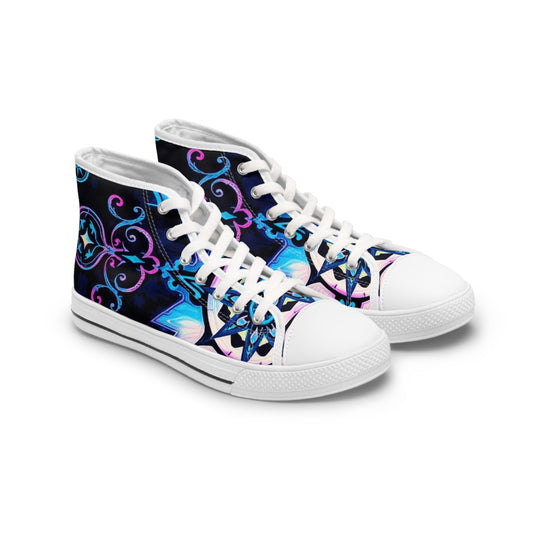 Experience unique style with Celestial Scroll: Gothic Art High Top Sneakers, featuring intricate gothic designs.