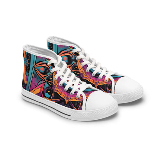 Kaleidoscope Gaze: Gothic Art High Top Sneakers showcase vibrant eye designs for modern gothic art lovers.
