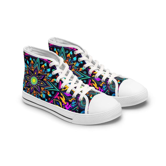 Joy of Life Mandala: Vibrant Gothic High Top Sneakers featuring colorful, intricate designs for a unique style statement.