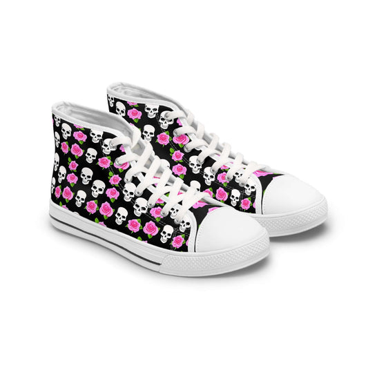 Skulls & Pink Roses Women's High-Top Sneakers showcase a bold design blending skulls and vibrant pink roses.