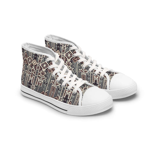 Gothic Glyphs Shadow Weaver Women's High-Top Canvas Sneakers showcase intricate gothic art designs, perfect for stylish comfort.