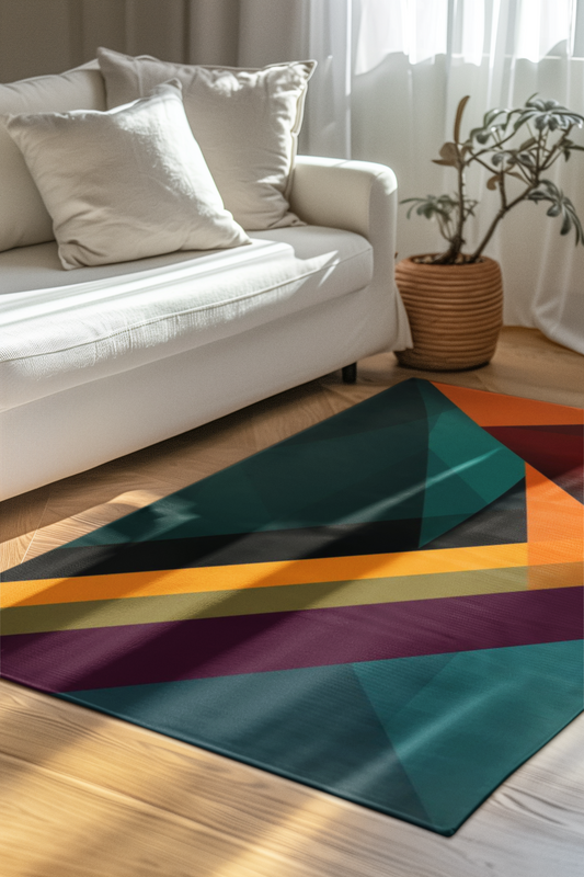 Transform your space with the Angular Descent: Abstract Hues Area Rug, featuring vibrant colors and sharp, geometric designs.