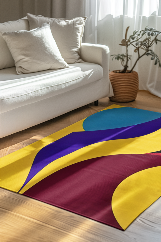 Transform your living space with the Flowing Forms: Abstract Color Area Rug, showcasing vibrant colors and bold designs.