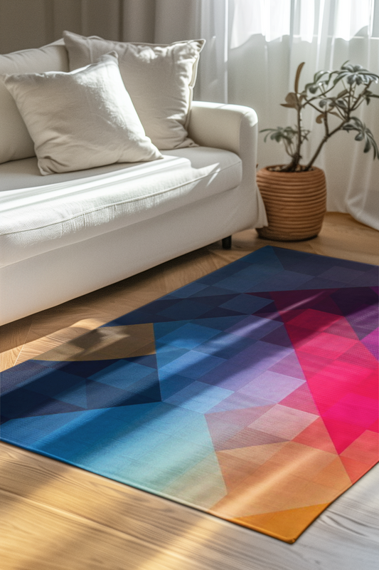 Transform your space with the vibrant Spectrum Shift Geometric Hues Area Rug, featuring dynamic colors and shapes.