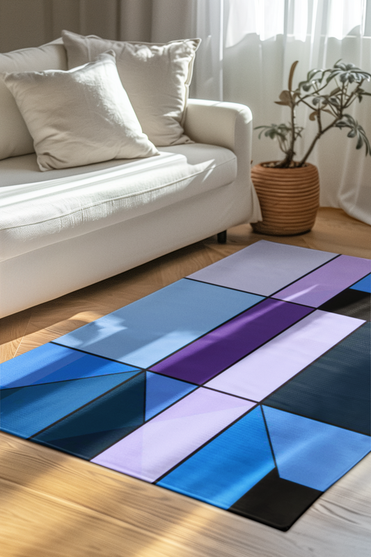 Transform your space with the Azure Grid Geometric Hues Area Rug, featuring striking blues and lavenders for a modern touch.