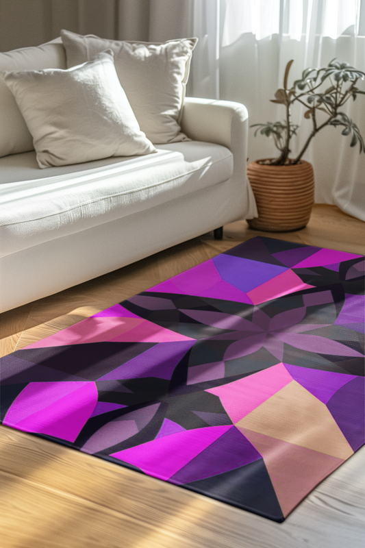 Transform your space with the Amethyst Symmetry: Geometric Pattern Area Rug, showcasing vibrant geometric designs.