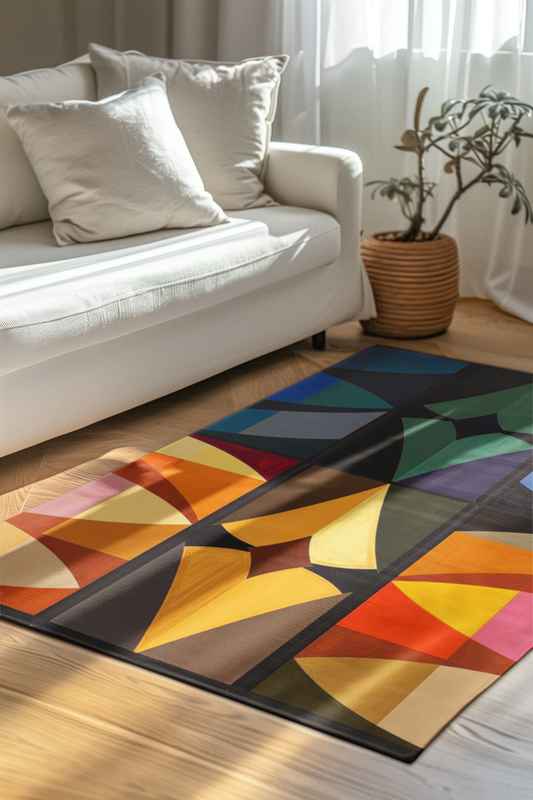 Transform your living space with the Geometric Echoes: Abstract Art Area Rug, featuring bold geometric patterns.