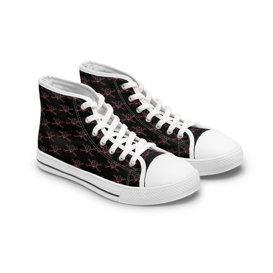 Bold and edgy Neon Red Skull Women's High-Top Canvas Sneakers featuring a striking skull design on a sleek black background.