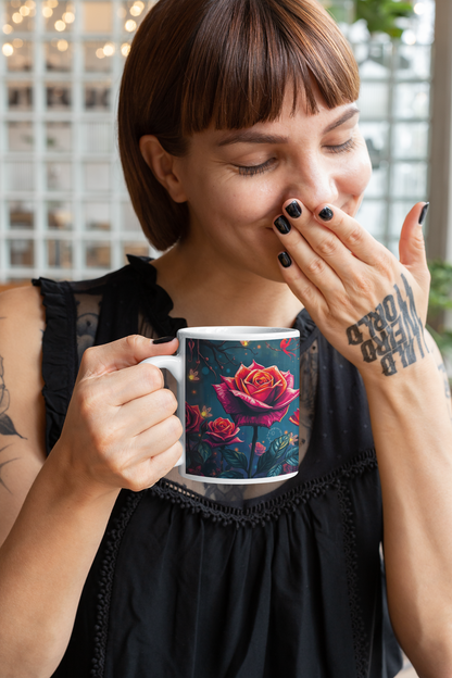 Tattooed woman joyfully holds the Twilight Rose Lantern Ceramic Mug, showcasing vibrant rose designs. Perfect for cozy moments.