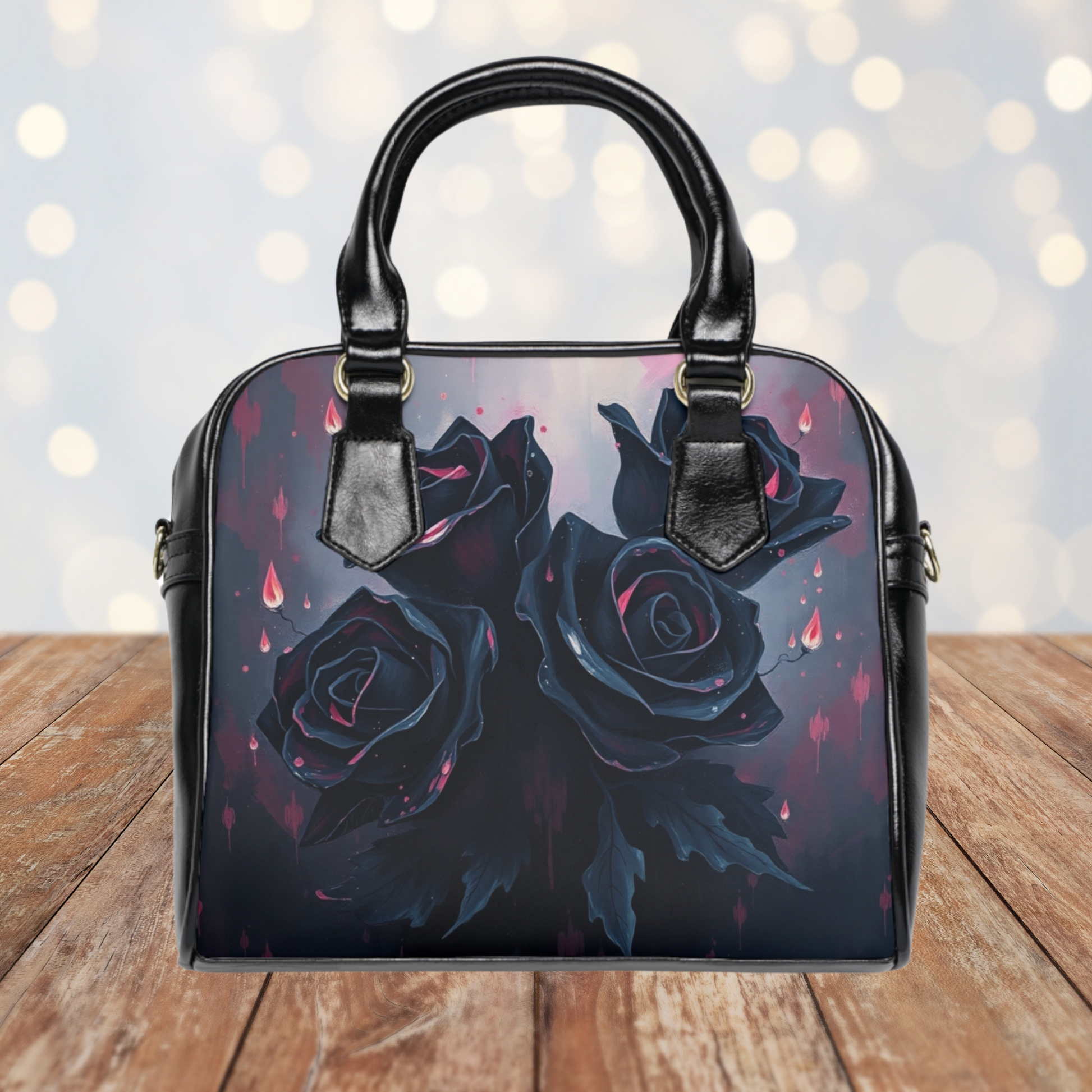 Stylishly showcase the Midnight Thorn: Shadow Rose Shoulder Bag, featuring elegant black roses and a gothic design.